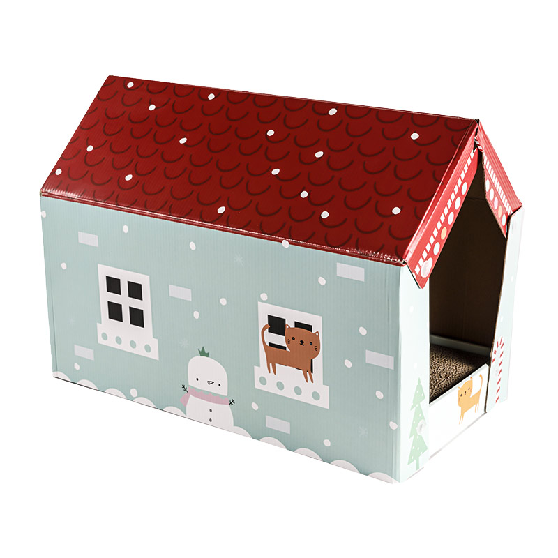 Xmas House Designed House Cat Scratcher and Resting Lounge Pad with Beautiful House Cover, Made of Eco Friendly Recyclable Cardboard Material