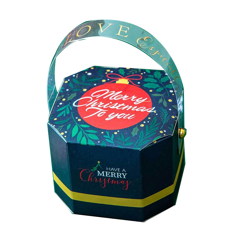 Polygon Shaped With Transparent Handle Printed Christmas Gift Box