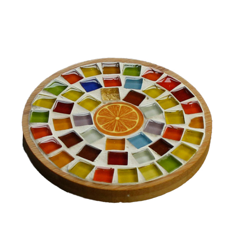 Novelty Mosaic DIY  Coaster Household Round Wood Blue Carton Button  Ins Home Decoration 