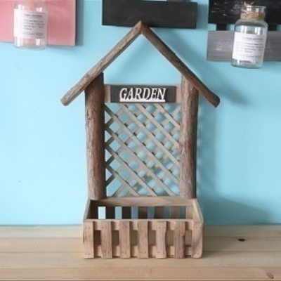 Wooden Farm Style House Shaped Wall Decoration with Grids and Small Storage Space 