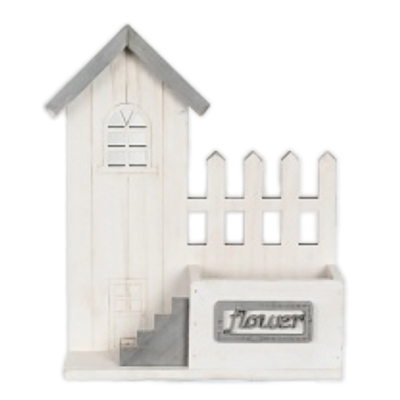 Wooden House Shaped Wall Decoration White Color with Fence and Stair Decoration