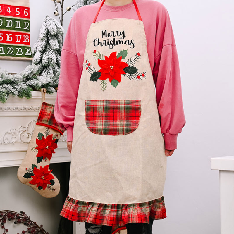 Linen Apron with Red Flower Pattern and Grid Pocket for Adults in Kitchen Christmas Style
