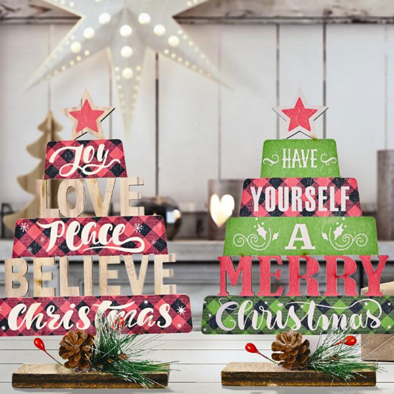 Wooden Christmas Tree with Words Shape Decoration Hallow Body Desk Top