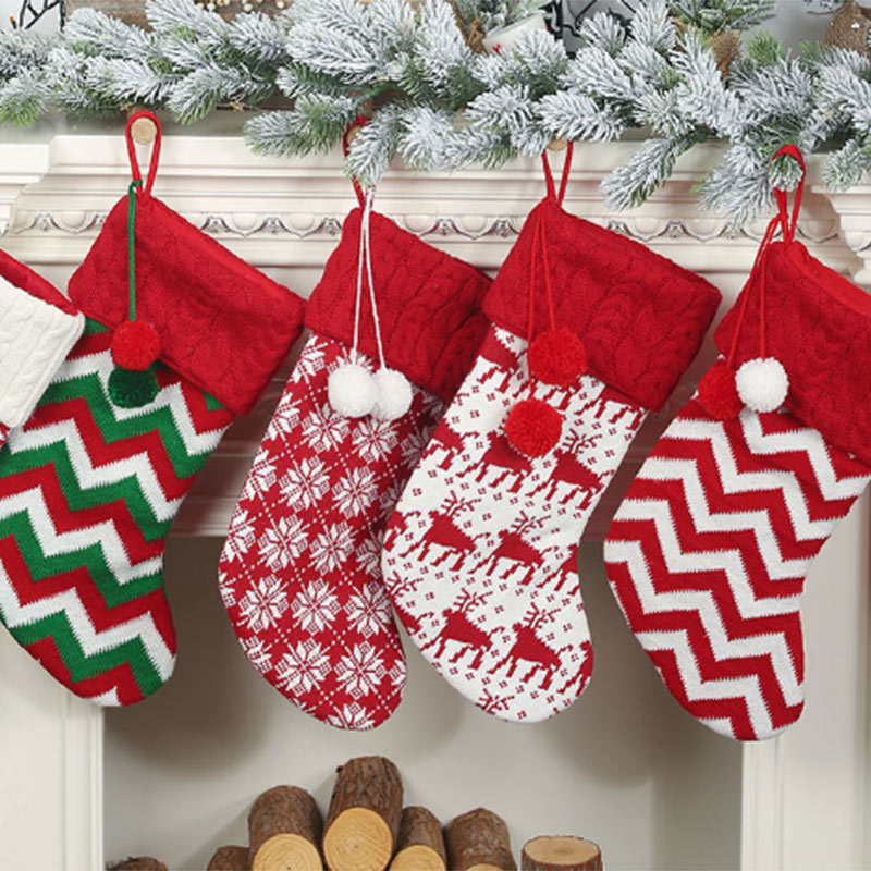 Knitted Christmas Socks Red and White Color Five Pieces a Set with Small Balls Decoration