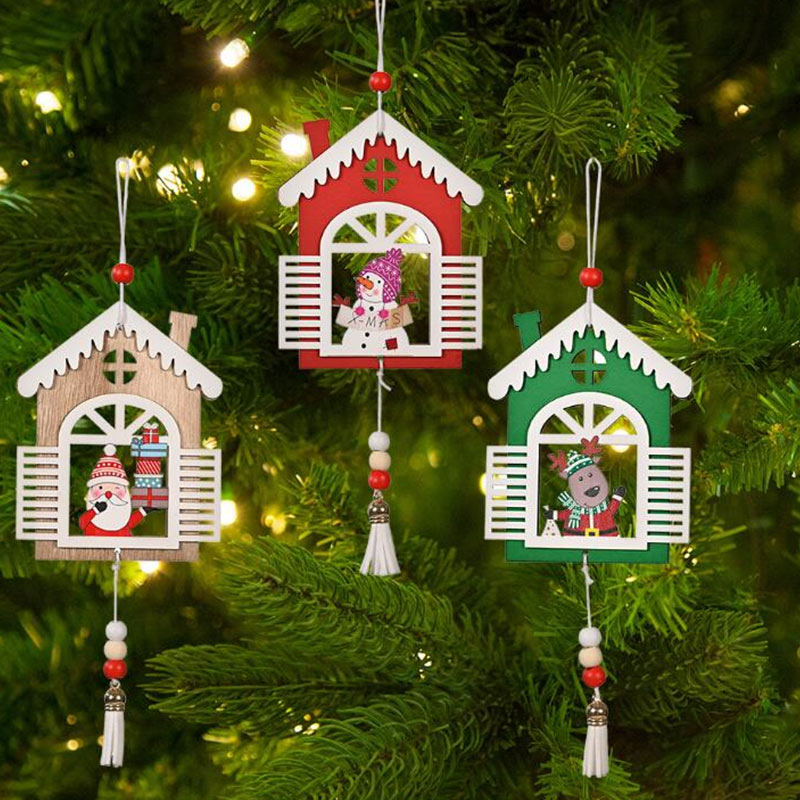 Wooden Hanging Window Shape Christmas Tree Decoration with Tassel