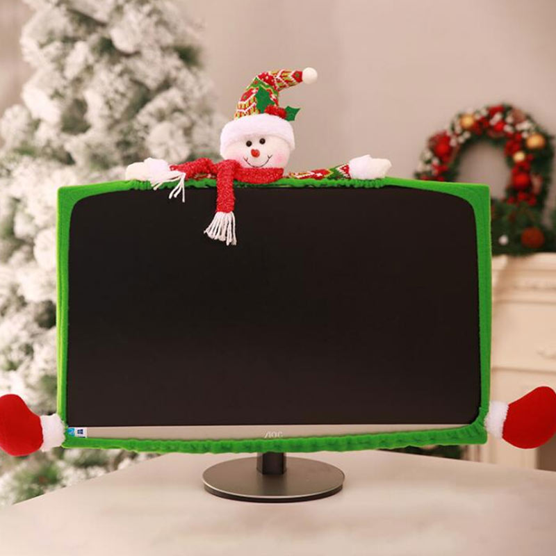 Polyester Monitor Cover with Snowman Decoration on Top for Christmas 