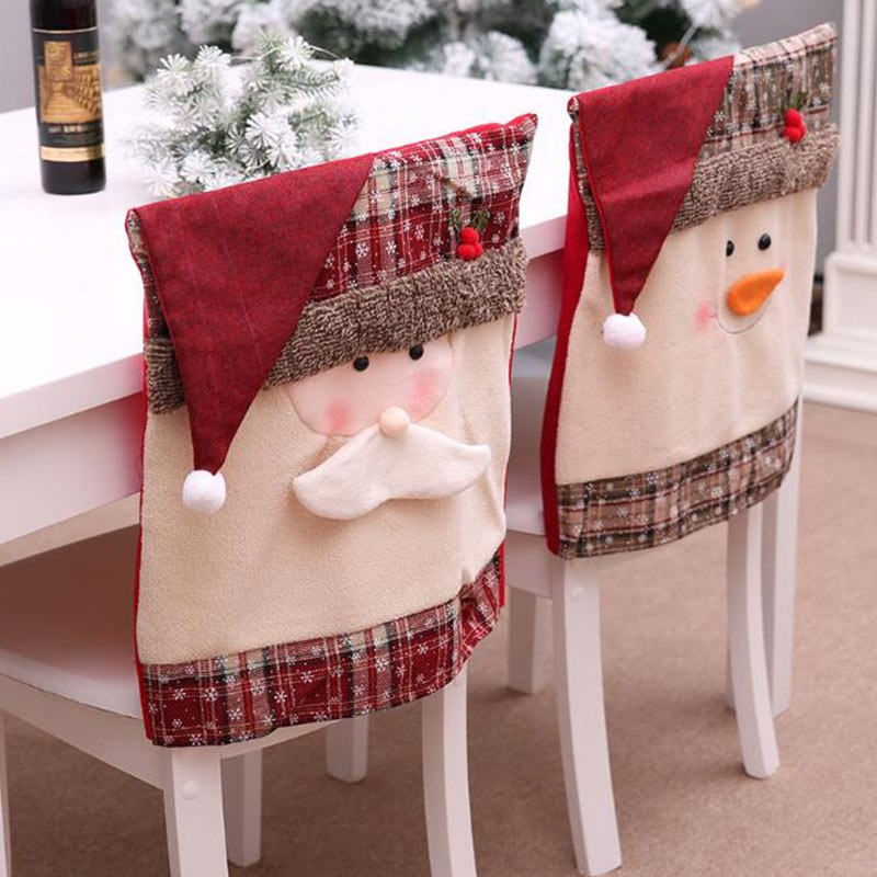 Grid Pattern Chair Cover with Hat Decoration Santa and Sonwman Face Shape