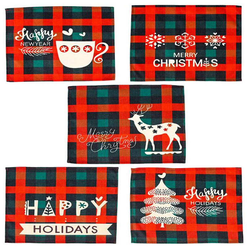 Grid Table Mat Red and Greem Color with Different Shape Decoration for Christmas