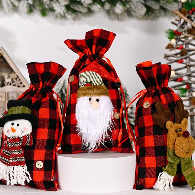 Red Grid Gift Bag with Snowman, Bear and Santa Shapes Decoration