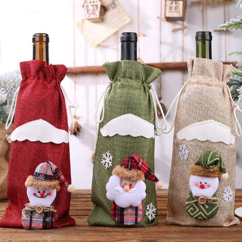 Linen Bottle Cover  Three Colors a Set Big Size with Snowman and Santa Shapes Decoration