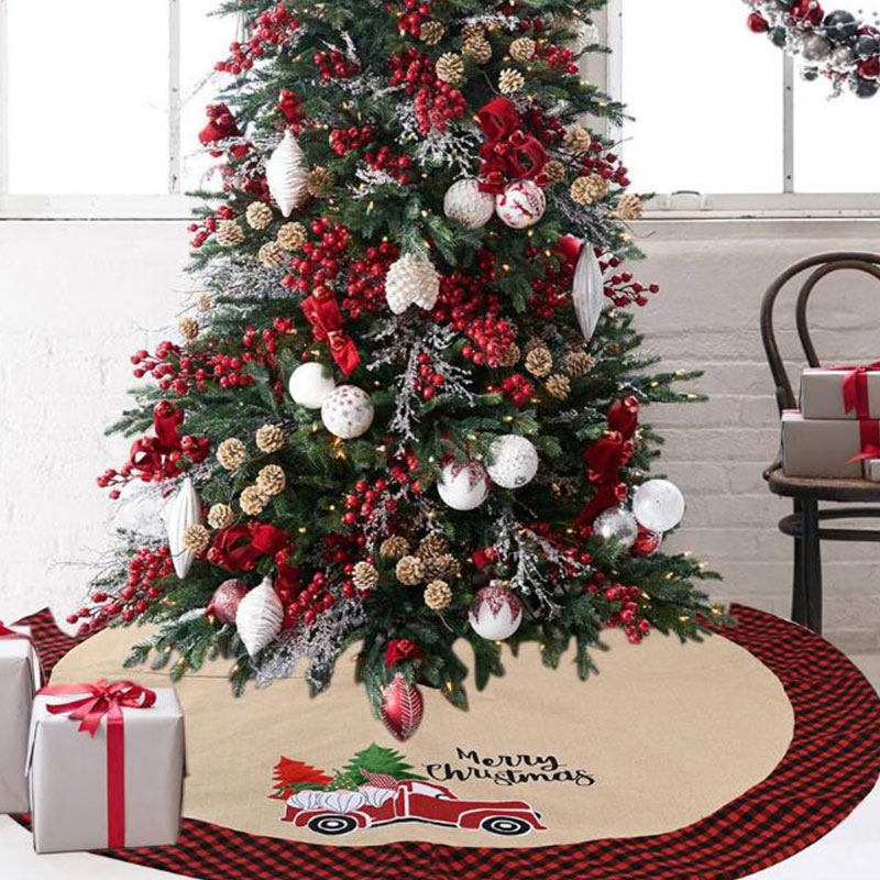  Red Grid Christmas Tree Mat Round Shape with Car Shape Decoration and Words