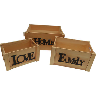 Wooden Storage Box Set of Three With Different Iron Words Decoration