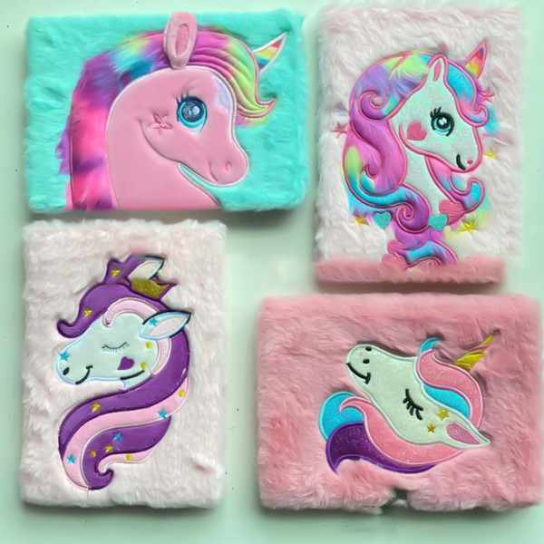 Colorful Plush Notebook with Glitter Unicorn Head on the Cover 